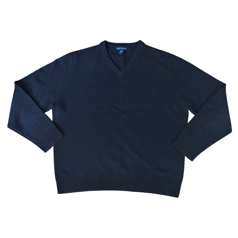 Grant Thomas‎ Mens XL Black 100% Wool V-Neck Pullover Sweater Long Sleeve Ribbed